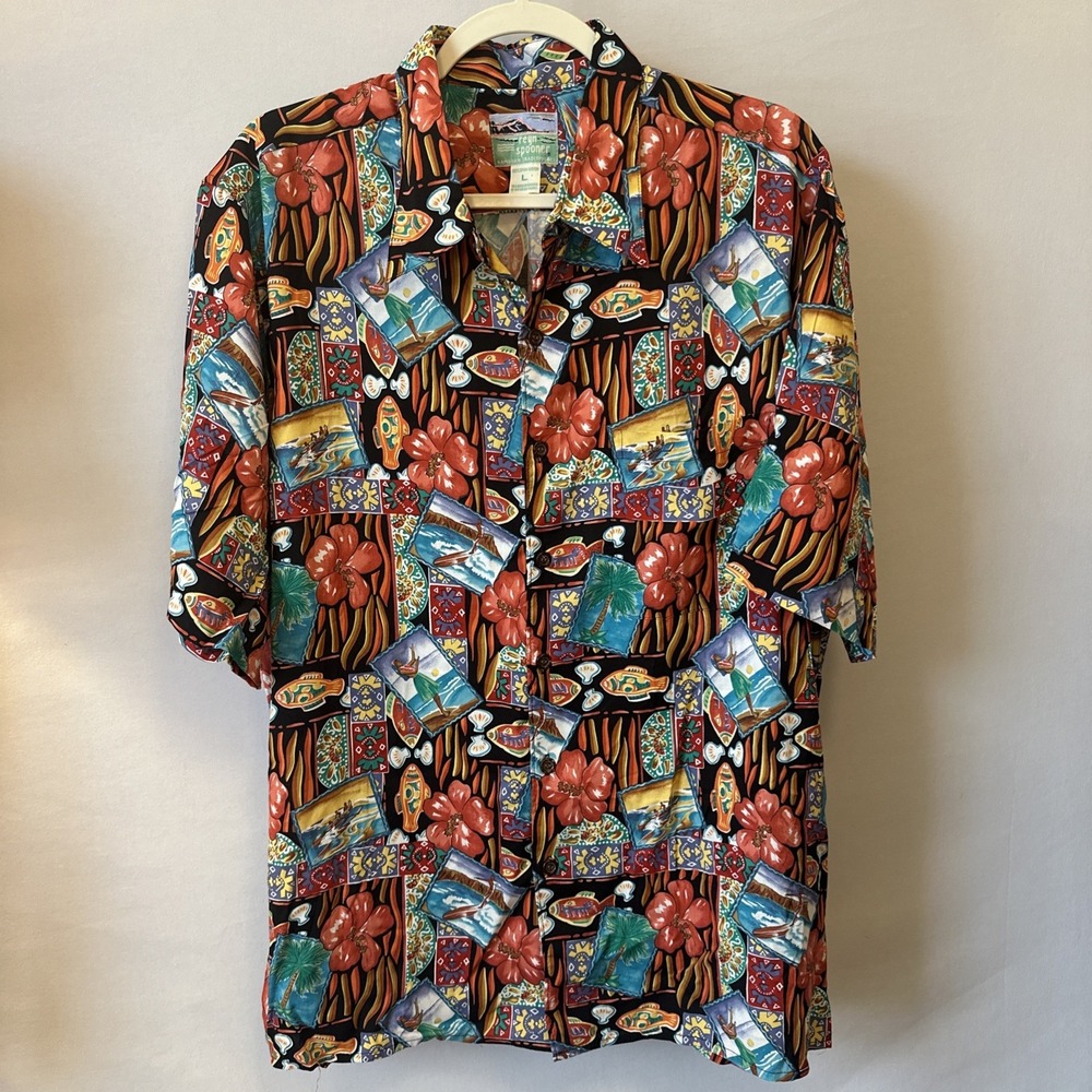 Vintage Reyn Spooner Mens Shirt Hawaiian Traditionals Fish Surf Flower Hula Boat